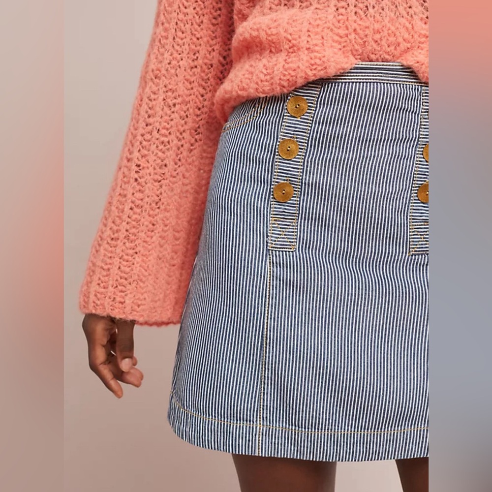 Anthropologie Blue and White Striped Mini Skirt with Button Details